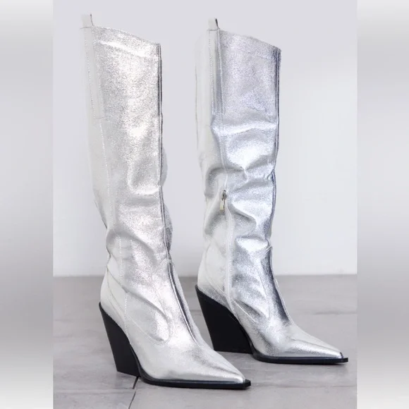 Silver Metallic Western Pointed Wedge Heeled Knee Boots - Picture 3 of 7